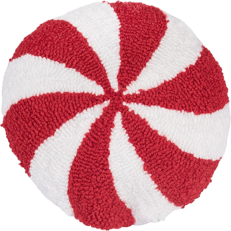 Round pillow with red and white peppermint candy pattern on a white background