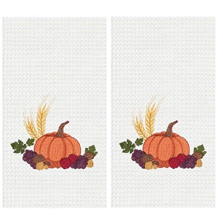 2 identical white waffle weave dish towel with orange pumpkin, grapes, apples and mushrooms.