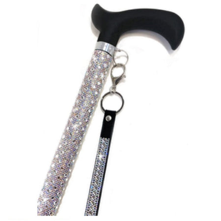 crystal embellished cane with black handle and silver like crystals. matching wrist band.  close up photo