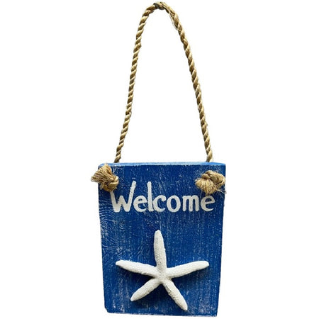 Blue painted sigh with white text that says Welcome. Faux starfish raised accent and rope hanger.