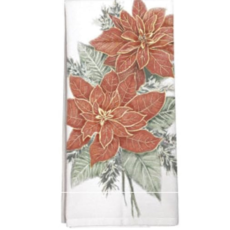 Folded white towel with 2 sprigs of poinsettia flowers