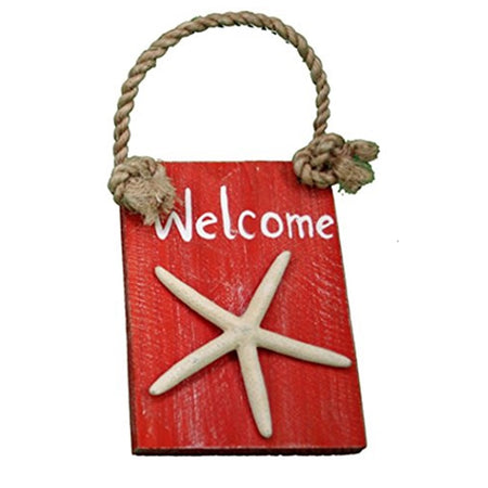 Red painted sigh with white text that says Welcome. Faux starfish raised accent and rope hanger.