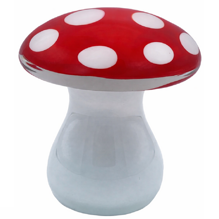 Red and white glass mushroom figurine with white polka dots 4 inches tall