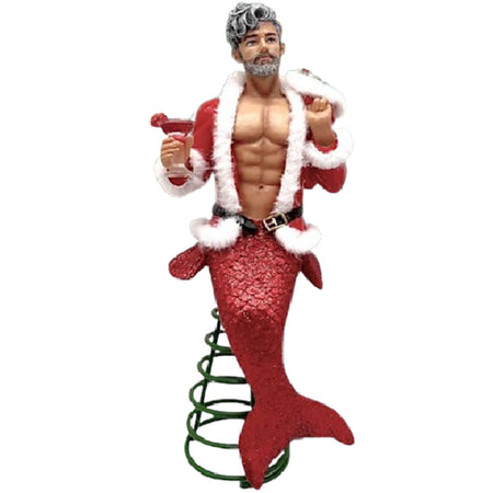 merman tree topper dressed in a red santa type merman suit holding a cocktail