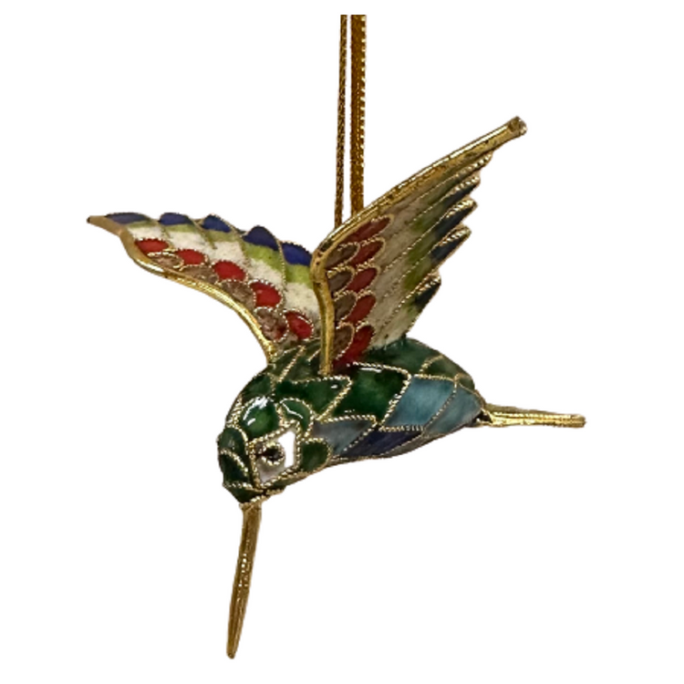 Cloisonne hummingbird, Red head, blue, green and blue speckled body. Enamel on copper.