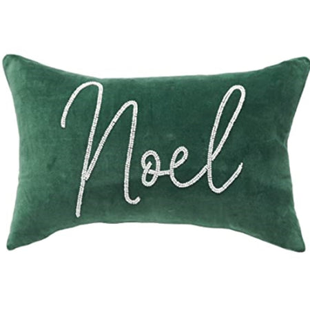 Green rectangle shaped pillow in velvet with white bead spelling the word Noel