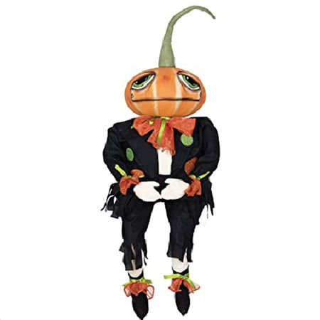 Pumpkin head figure. Head is a pumpkin with a painted face and long stem. He weas a black suit, black boots and has an orange ribbon on his neck, shoes ad sleeves. White gloves.