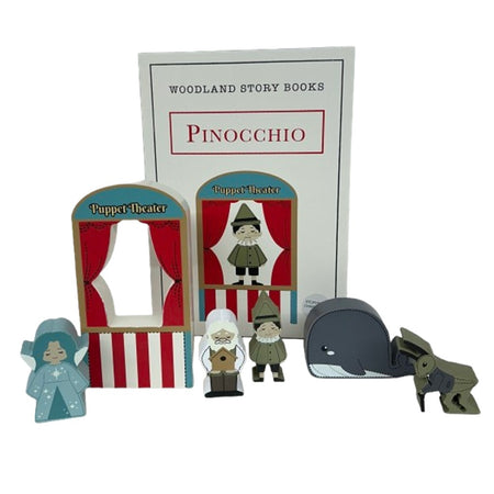 Bookshelf type book with text: Woodland Story Books Pinocchio.  6 wood cut outs dipicting the story: Puppet theater, Pinocchio, the Blue Fairy, Geppetto, a whale and cricket.