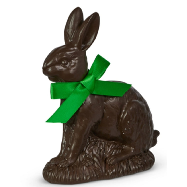Raz Imports 7 inch brown faux chocolate bunny figurine with green ribbon stone powder Easter decor