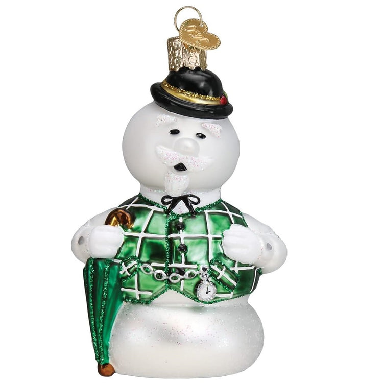 Blown glass Sam the Snowman ornament. He is the narrator from the classic, Rudolph the Red Nose Reindeer.