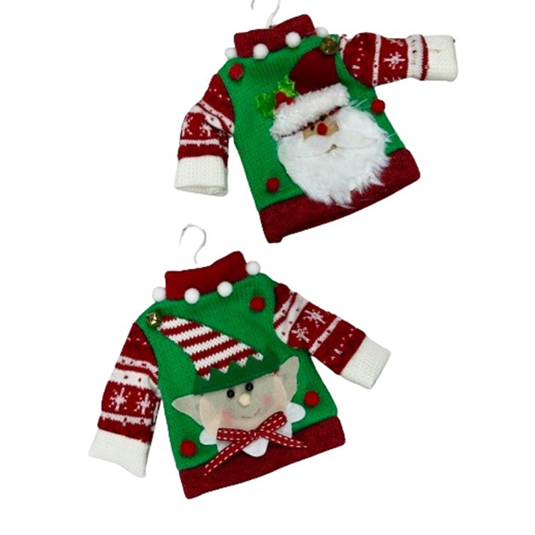 2 sweater ornaments in red white and green. One has Santa's face and the other an elf.  Both on a hanger.