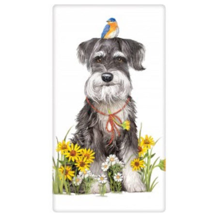 white kitchen towel featuring a Schnauzer  sitting in yellow and white flowers with a bluebird on his head