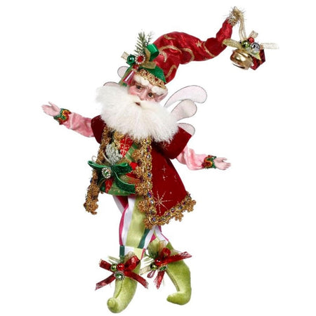 bearded fairy wearing a green and red striped outfit, red vercoat and red stocking cap with a gift and bell on top.