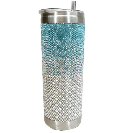 Metal tumbler with clear plastic lid. Turquoise rhinestones fade into white silver rhinestones for an ombre look on the outside of tumbler.