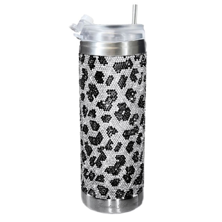 Silver tumbler with silver and black gems in the shape of leopard spots.