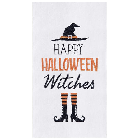 White towel that says Happy Halloween Witches with embroidered witch hat & boots.