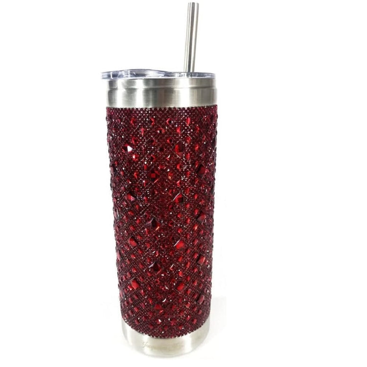 Tumbler decorated with red gemstones.