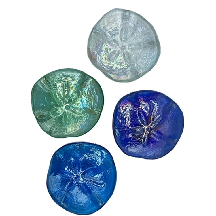 4 glass sand dollar shaped papeweights.  One each: clear, green, blue and lighter blue.  Slight iridescent finish
