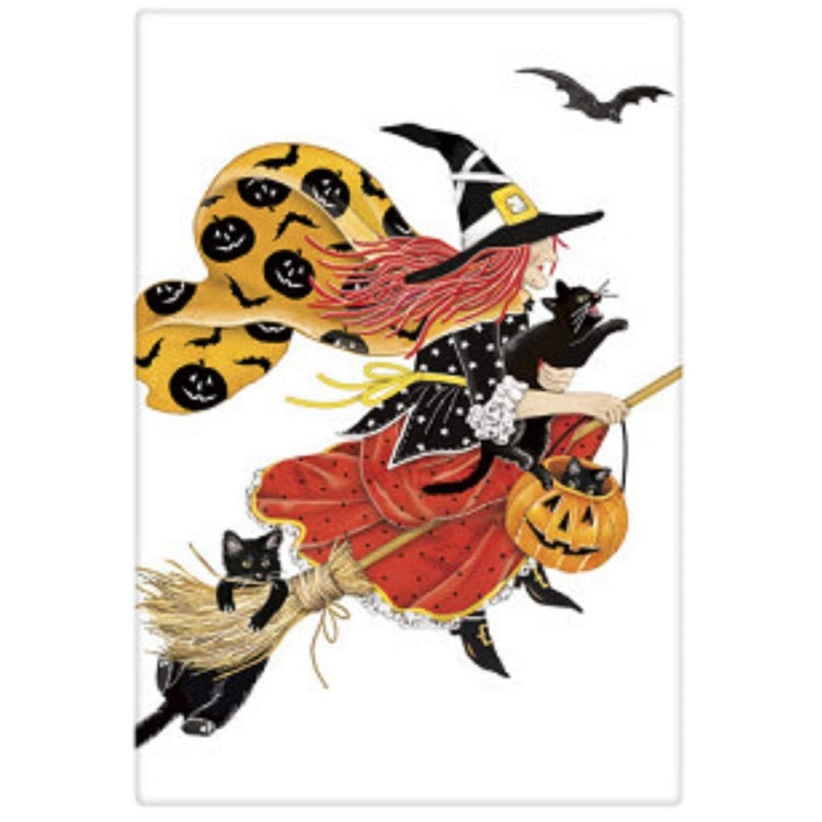 Witch on a broom with 3 black cats.