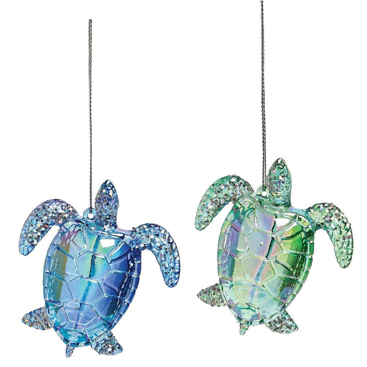 Blue glitter sea turtle & green glitter sea turtle.