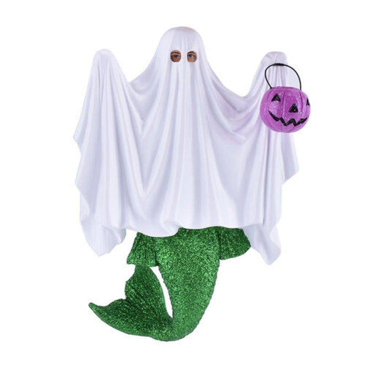 Green sparkle tailed merman with a ghost costume on.