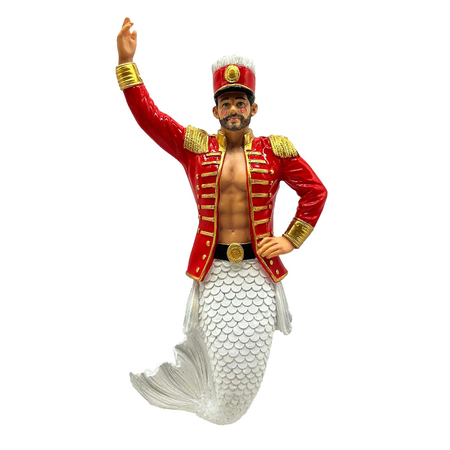 Merman with white tail, red and gold military style jacket and hat, his cheeks have pink circles of blush.