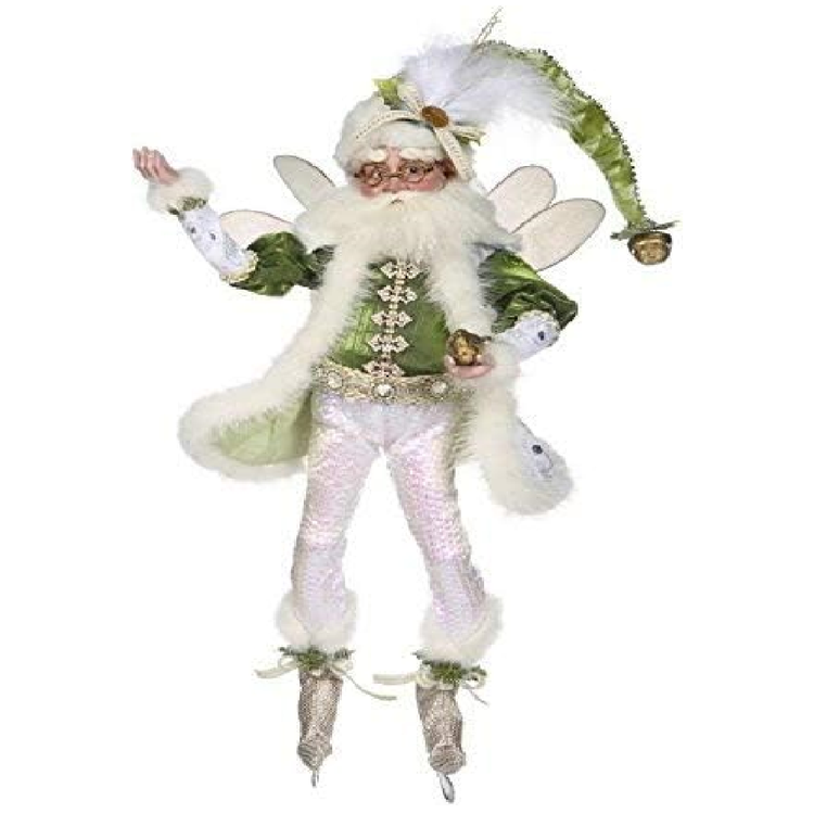 bearded fairy wearing green stocking cap and jacket, both lined in white fur. white iridescent pants and ice skates.