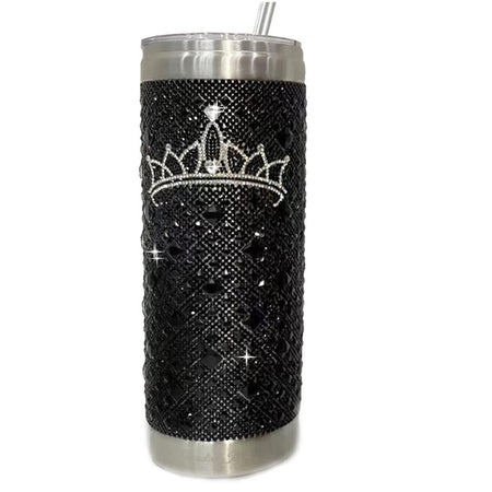 Black jeweled tumbler with silver crown. 