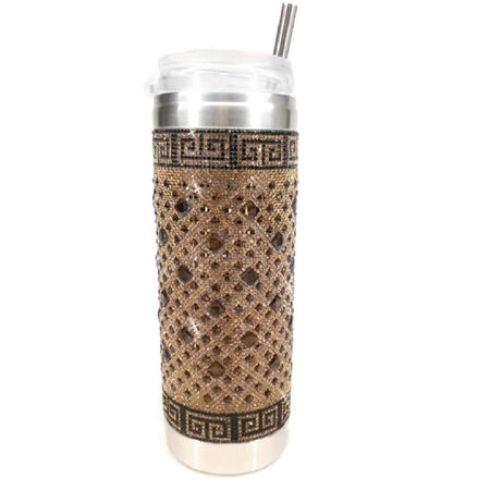 Light & dark brown gem covered tumbler with lid & straw. 