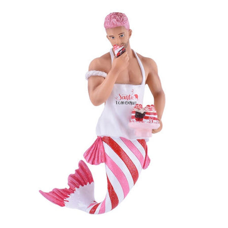 Merman with a pink & red striped tail, eating cake.