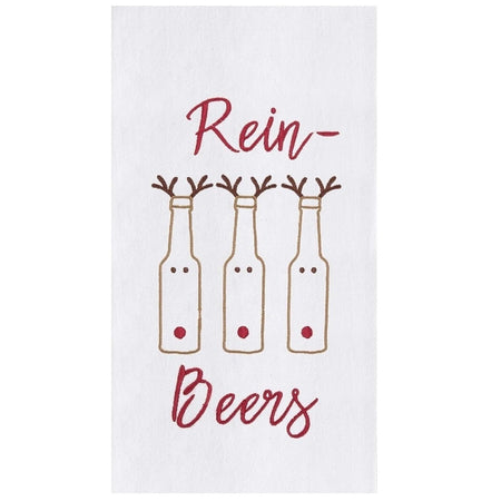 Towel with reindeer decorated beer bottles, says REIN-BEERS