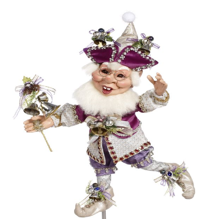 bearded elf in white and purple outfit with rhinestones and silver bell accents.