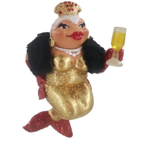 Fish mermaid holding a champagne glass.