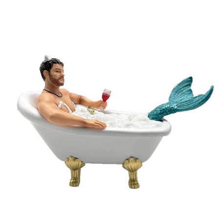 mermaid with teal tail, sitting in a bubble bath with a glass of wine.