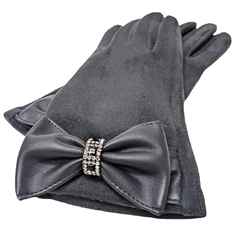 Black velvet gloves with a leather bow with silver & black gems.