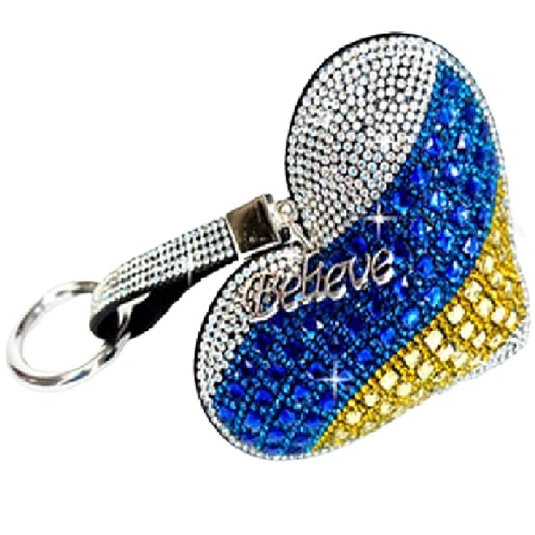 heart shaped key chain covered in crystal rhinestones in white, blue and yellow, the Ukrainian flag colors.