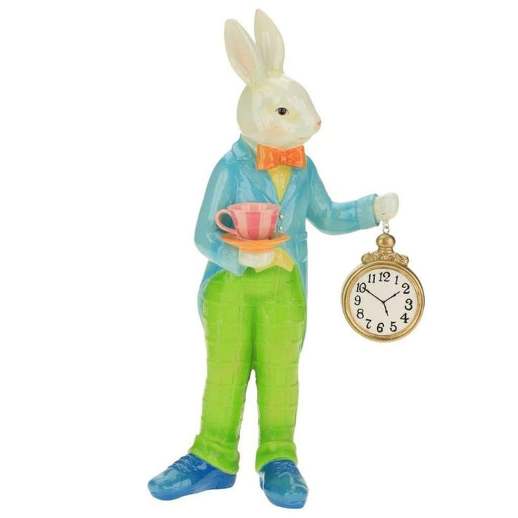 Pastel colored rabbit holding a clock.