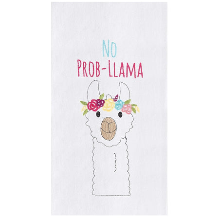 White towel with embroidered llama with a flower crown. Says NO PROB-LLAMA.