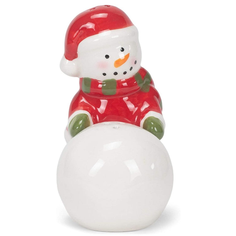 Snowman with a red hat & sweater rolling a snowball.
