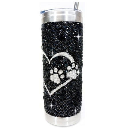 Black tumbler with a silver heart and paws.