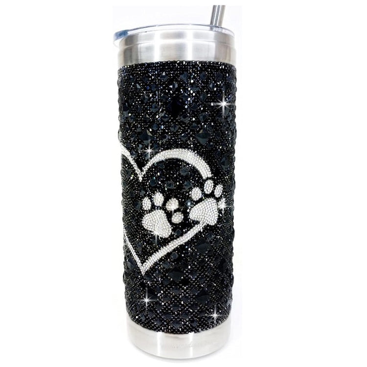 Black tumbler with a silver heart and paws.