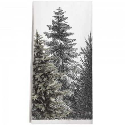 White towel with grey & green evergreen trees.