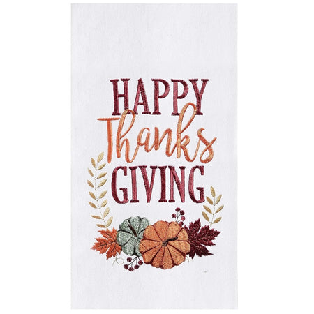 White towel embroidered saying Happy Thanksgiving & pumpkins.