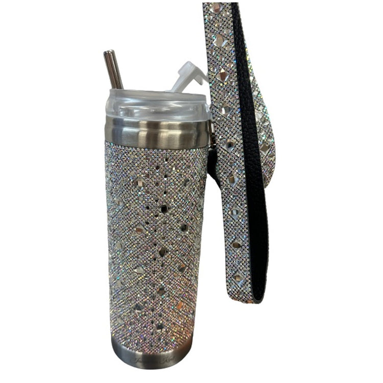 cup or tumbler with snap open lid, stainless straw.  Encrusted in cystals and has a matching lanyard which is detachable.
