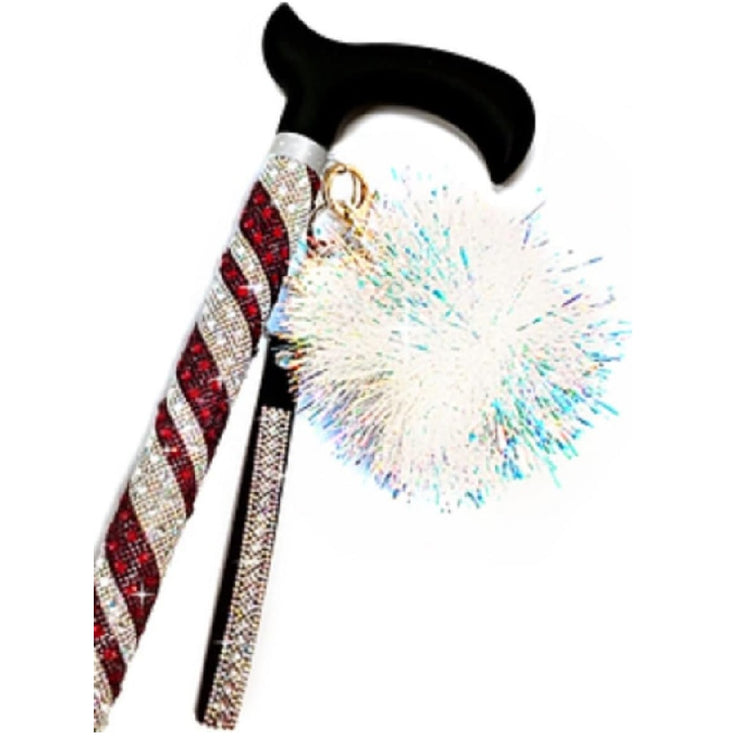 Adjustable cane with black handle, the cane is encrusted in red and aurelia borealis colored rhinestones, in a swirled stripe pattern.