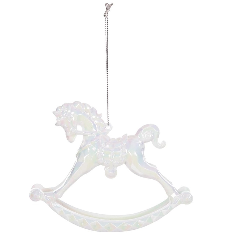 Iridescent rocking horse ornament on a white background