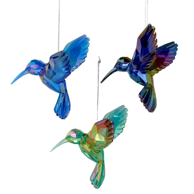 3 acrylic hummingbird ornaments, one blue, one green, one purple.