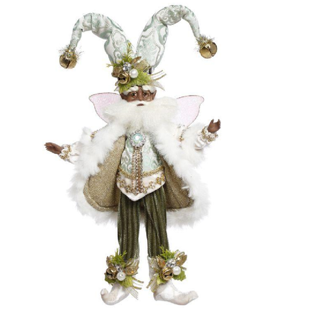Decorative fairy figurine with a tall hat and green outfit on a white background