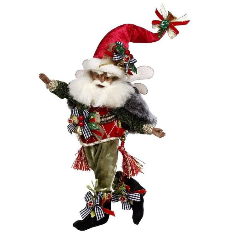 African american bearded fairy in a red stocking cap, red vest, fur cloak and green pants, all adorned with black and white plaid ribbons.