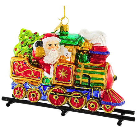 Blown glass Santa in a locomotive hanging ornament.